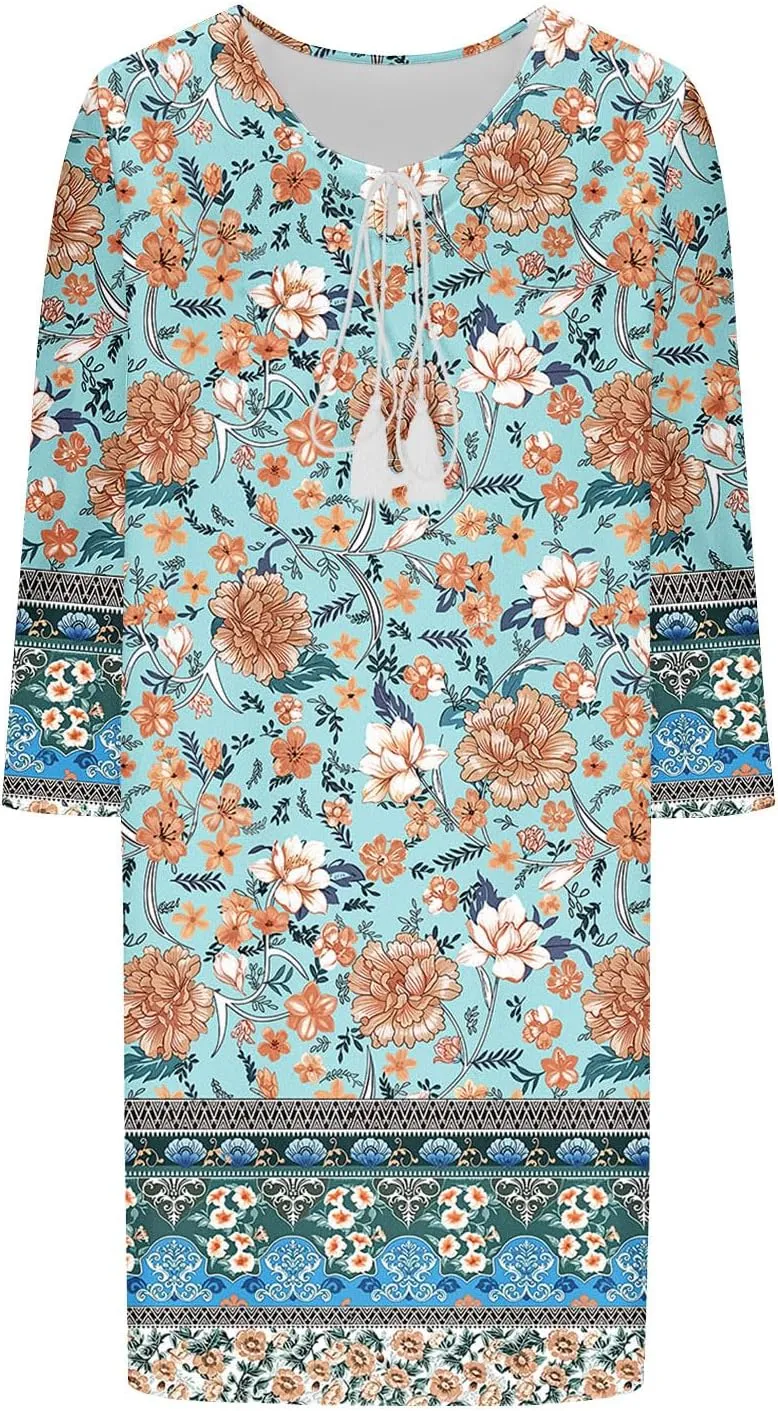 Xiaojmake Boho Dresses for Women 2025 Summer Retro Ethnic Beach Sun Dress Casual Loose V Neck 3/4 Sleeve Mini Vacation Dress
