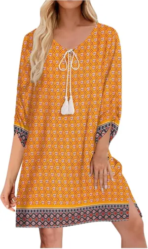 Xiaojmake Boho Dresses for Women 2025 Summer Retro Ethnic Beach Sun Dress Casual Loose V Neck 3/4 Sleeve Mini Vacation Dress