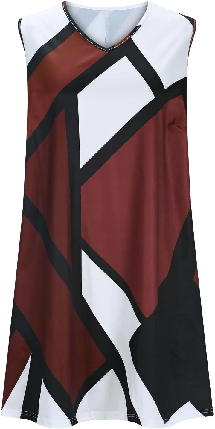Xiaojmake Tank Dress Plus Size for Summer Geometric Flowy Dresses V-Neck Sleeveless Loose Swing Mini Dresses Beach Cover Ups