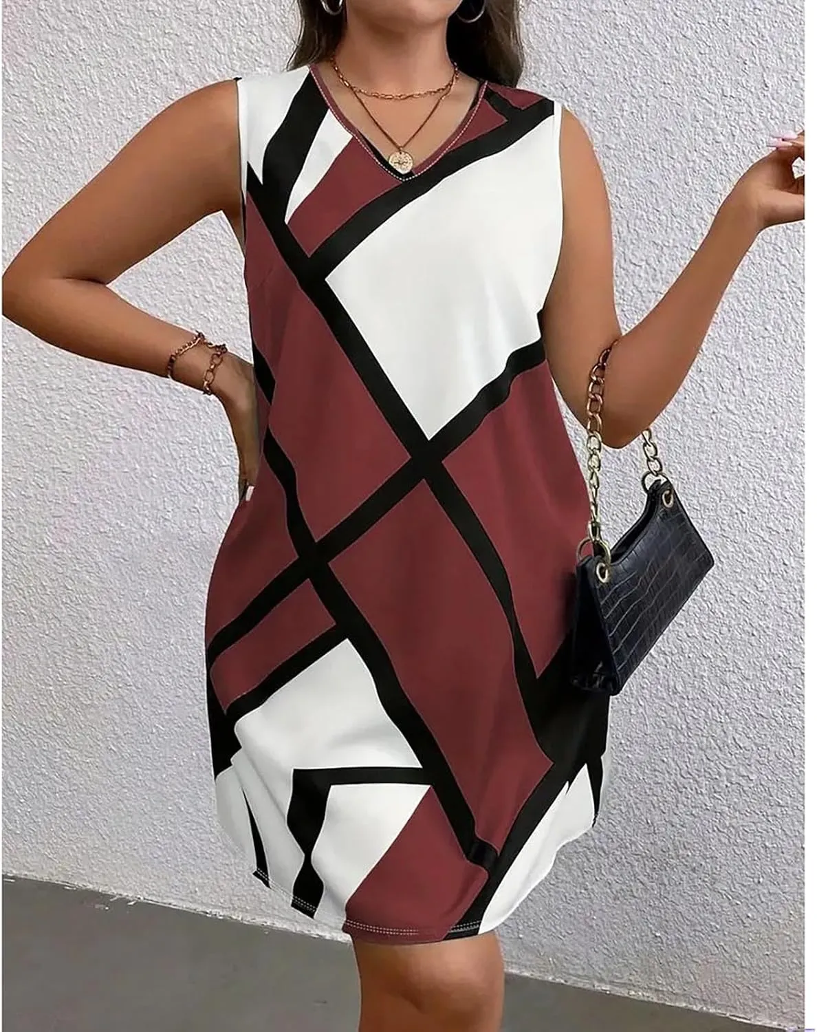 Xiaojmake Tank Dress Plus Size for Summer Geometric Flowy Dresses V-Neck Sleeveless Loose Swing Mini Dresses Beach Cover Ups