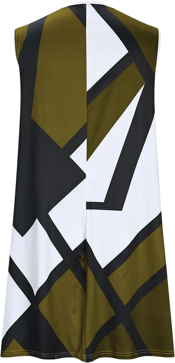 Xiaojmake Tank Dress Plus Size for Summer Geometric Flowy Dresses V-Neck Sleeveless Loose Swing Mini Dresses Beach Cover Ups