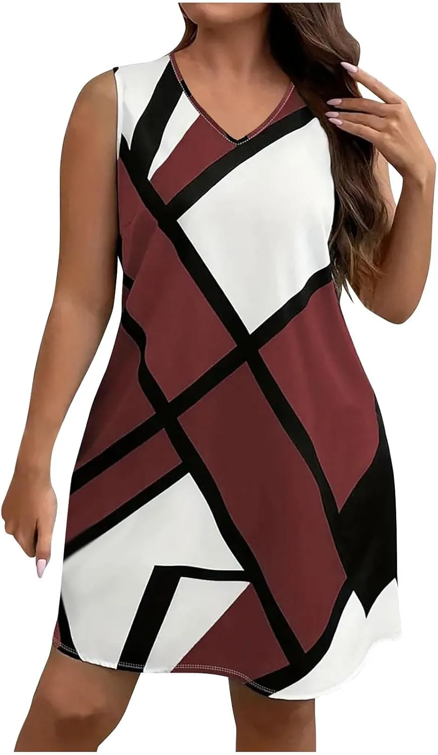 Xiaojmake Tank Dress Plus Size for Summer Geometric Flowy Dresses V-Neck Sleeveless Loose Swing Mini Dresses Beach Cover Ups