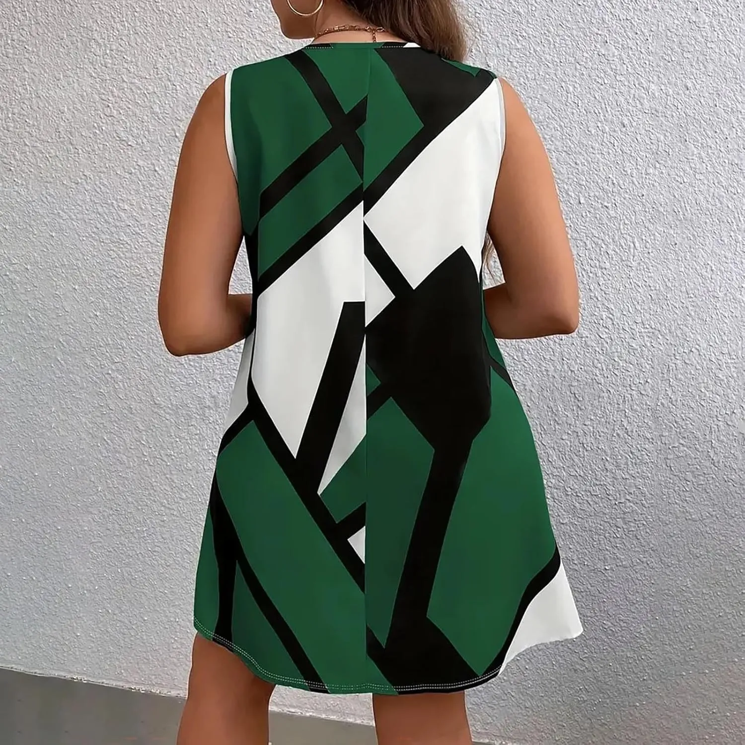 Xiaojmake Tank Dress Plus Size for Summer Geometric Flowy Dresses V-Neck Sleeveless Loose Swing Mini Dresses Beach Cover Ups