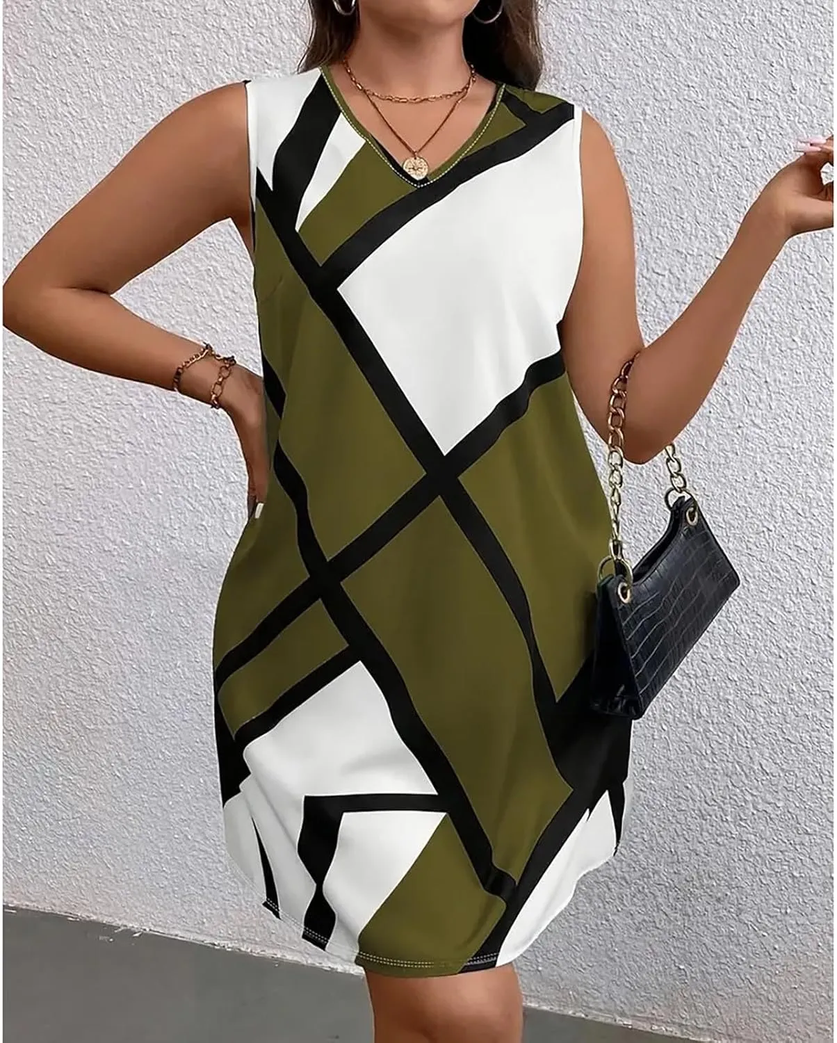 Xiaojmake Tank Dress Plus Size for Summer Geometric Flowy Dresses V-Neck Sleeveless Loose Swing Mini Dresses Beach Cover Ups