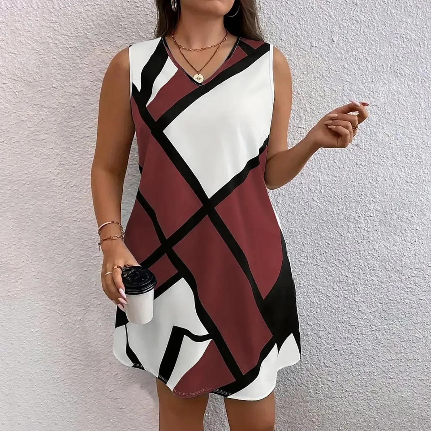 Xiaojmake Tank Dress Plus Size for Summer Geometric Flowy Dresses V-Neck Sleeveless Loose Swing Mini Dresses Beach Cover Ups