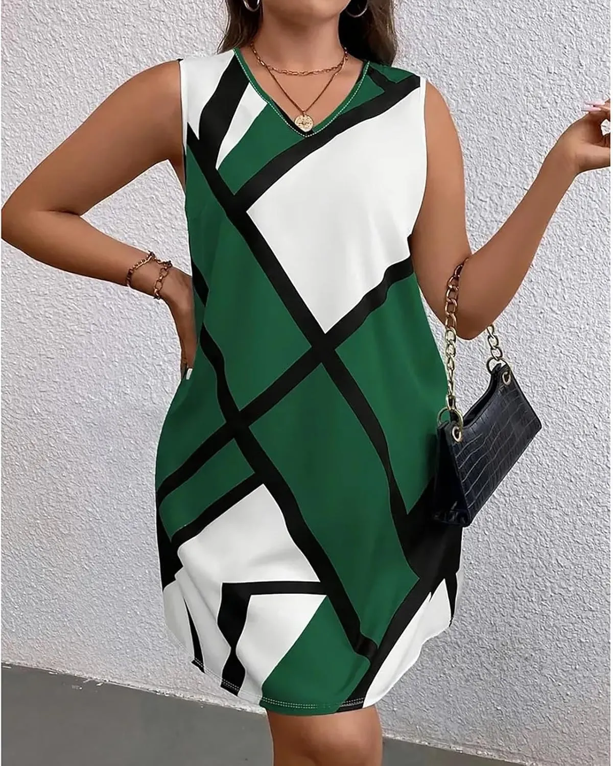 Xiaojmake Tank Dress Plus Size for Summer Geometric Flowy Dresses V-Neck Sleeveless Loose Swing Mini Dresses Beach Cover Ups