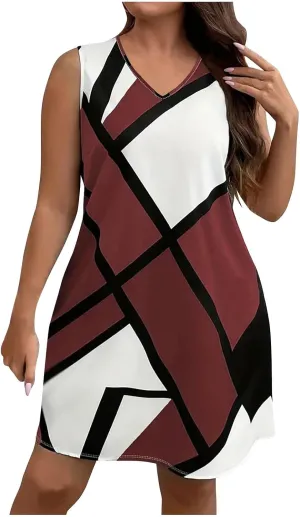 Xiaojmake Tank Dress Plus Size for Summer Geometric Flowy Dresses V-Neck Sleeveless Loose Swing Mini Dresses Beach Cover Ups