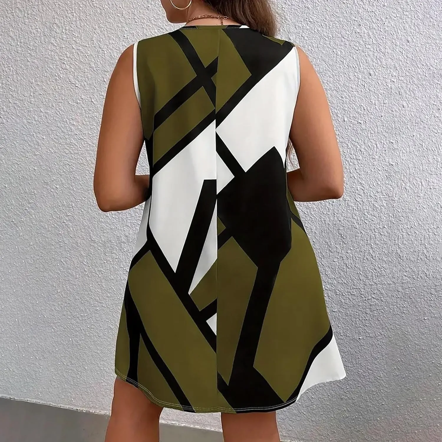 Xiaojmake Tank Dress Plus Size for Summer Geometric Flowy Dresses V-Neck Sleeveless Loose Swing Mini Dresses Beach Cover Ups