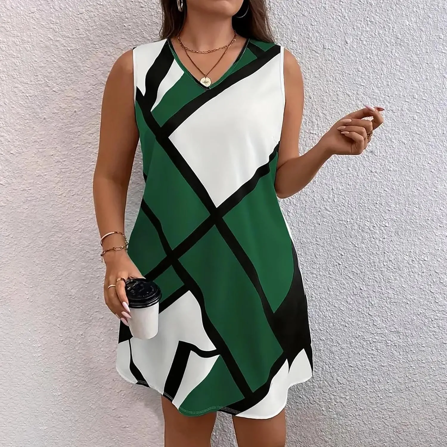Xiaojmake Tank Dress Plus Size for Summer Geometric Flowy Dresses V-Neck Sleeveless Loose Swing Mini Dresses Beach Cover Ups