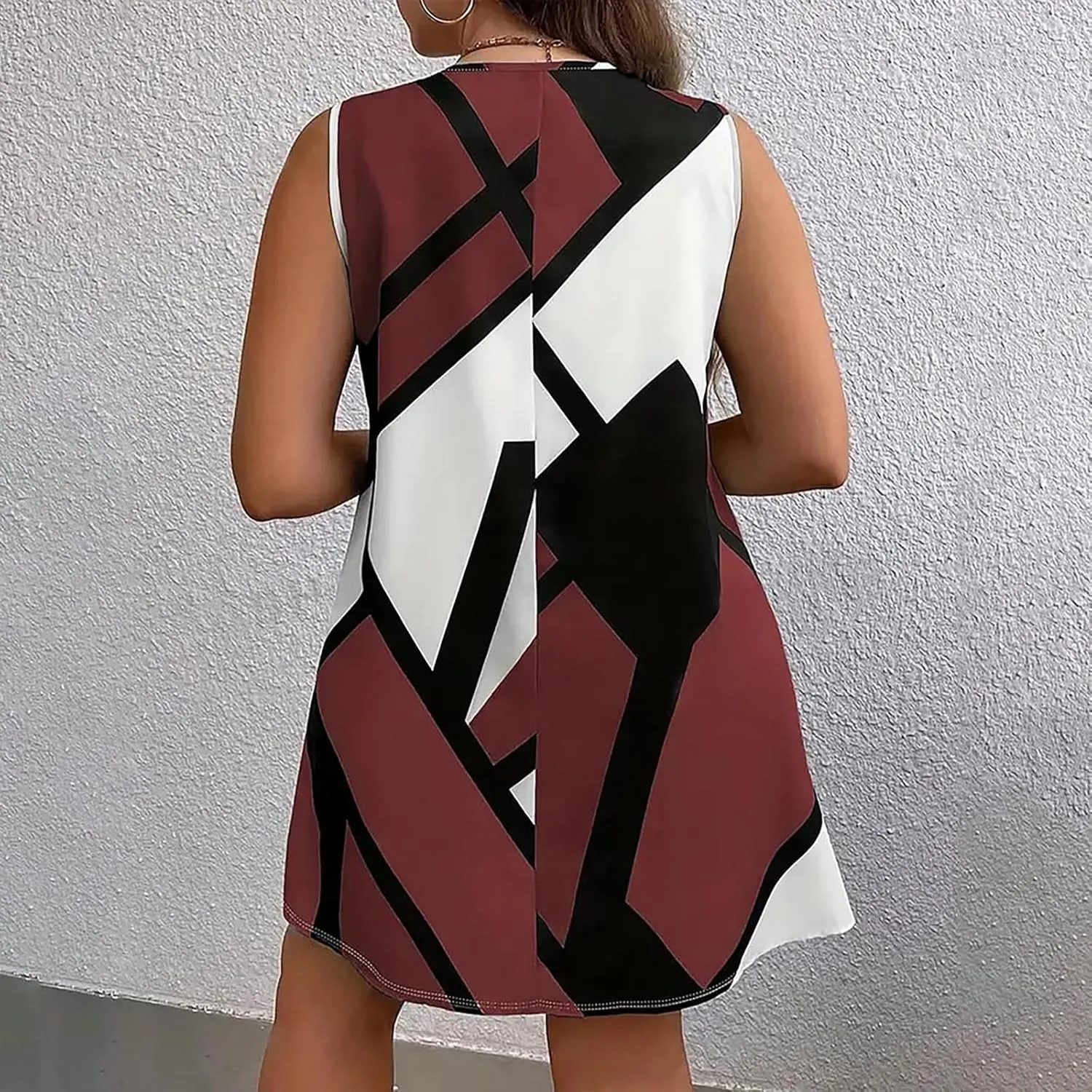 Xiaojmake Tank Dress Plus Size for Summer Geometric Flowy Dresses V-Neck Sleeveless Loose Swing Mini Dresses Beach Cover Ups