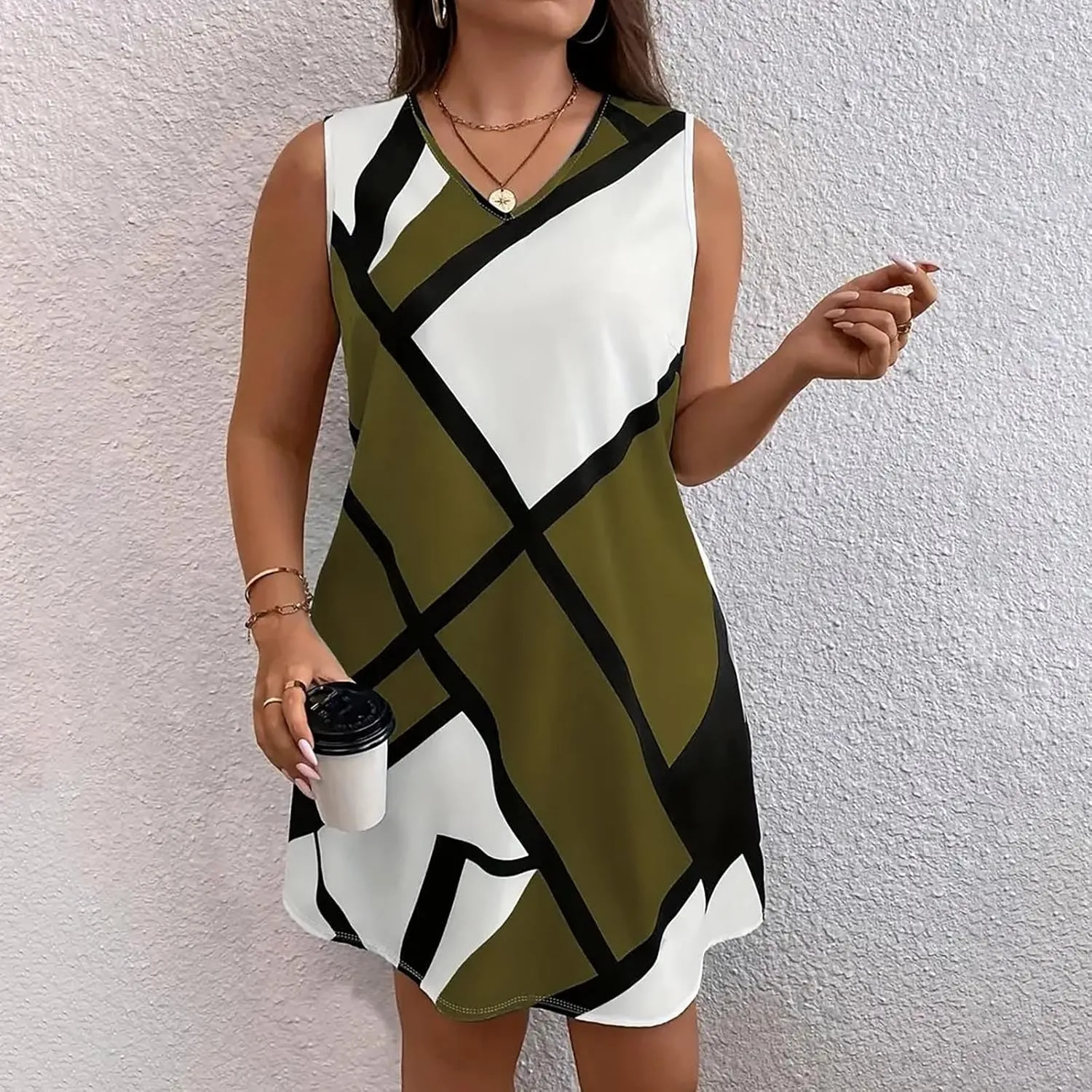 Xiaojmake Tank Dress Plus Size for Summer Geometric Flowy Dresses V-Neck Sleeveless Loose Swing Mini Dresses Beach Cover Ups