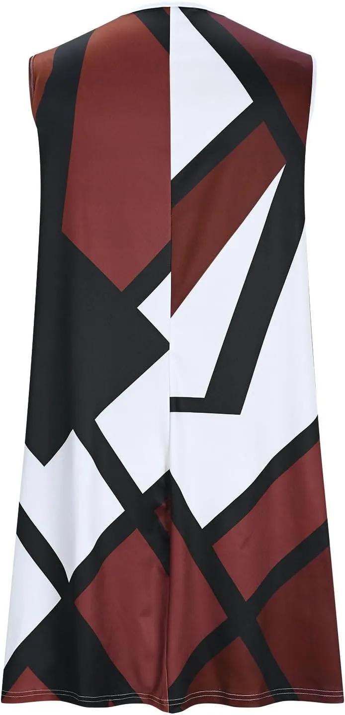 Xiaojmake Tank Dress Plus Size for Summer Geometric Flowy Dresses V-Neck Sleeveless Loose Swing Mini Dresses Beach Cover Ups