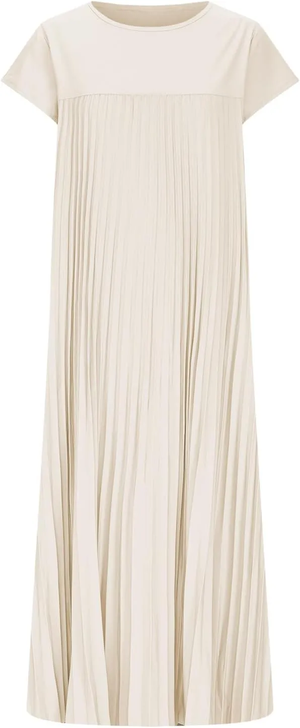 Xiaojmake Women Summer Pleated Midi Dress Plus Size Casual Cap Sleeve Crewneck Loose Flowy Swing Long Dress Hide Belly Fat