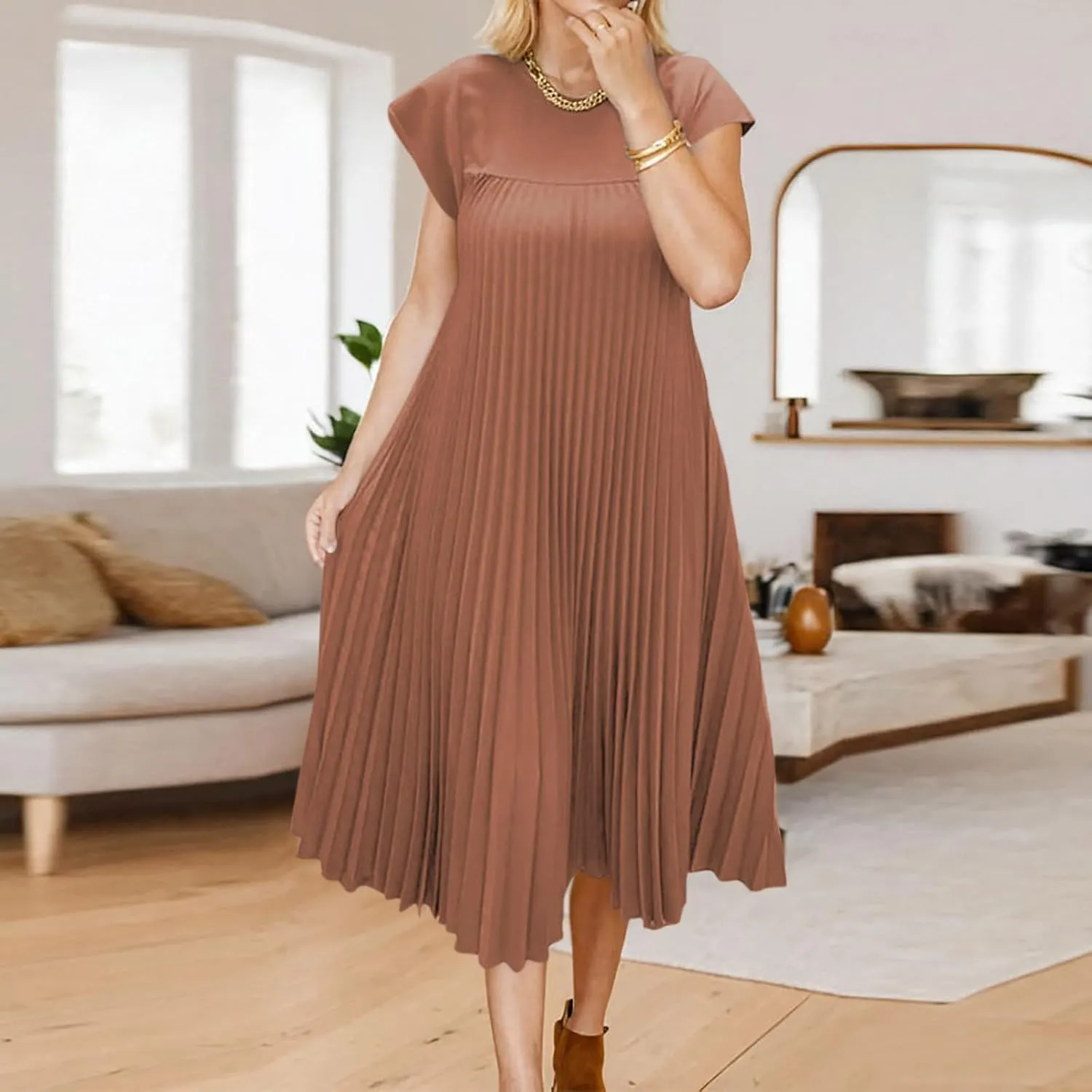 Xiaojmake Women Summer Pleated Midi Dress Plus Size Casual Cap Sleeve Crewneck Loose Flowy Swing Long Dress Hide Belly Fat