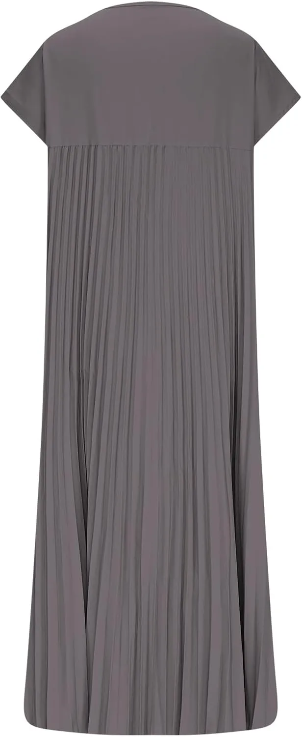 Xiaojmake Women Summer Pleated Midi Dress Plus Size Casual Cap Sleeve Crewneck Loose Flowy Swing Long Dress Hide Belly Fat