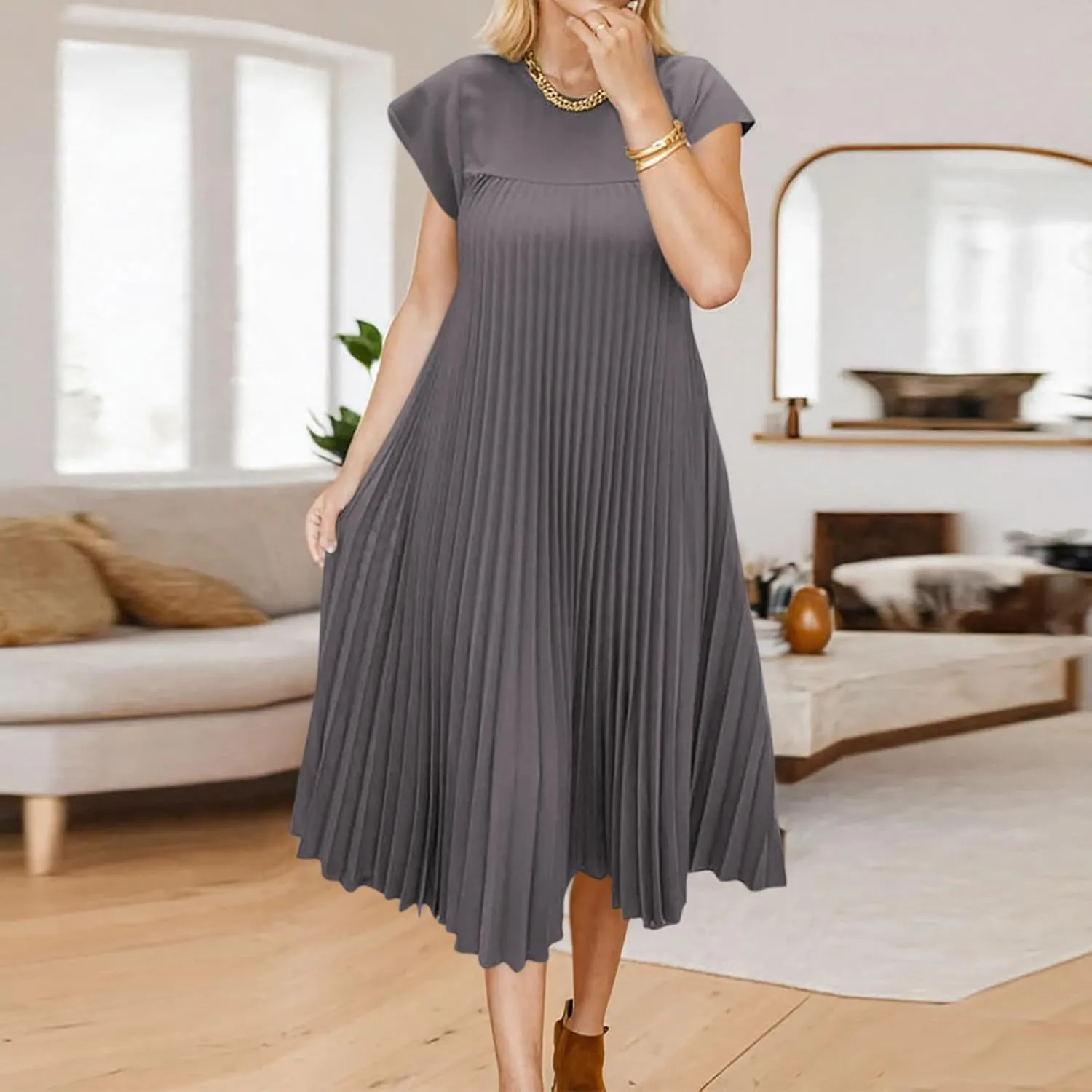 Xiaojmake Women Summer Pleated Midi Dress Plus Size Casual Cap Sleeve Crewneck Loose Flowy Swing Long Dress Hide Belly Fat