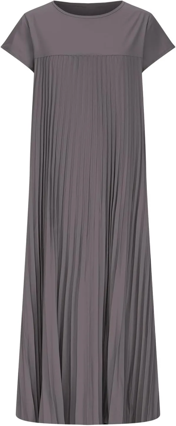 Xiaojmake Women Summer Pleated Midi Dress Plus Size Casual Cap Sleeve Crewneck Loose Flowy Swing Long Dress Hide Belly Fat