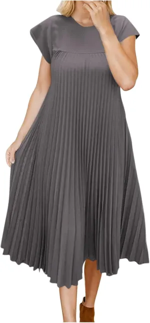 Xiaojmake Women Summer Pleated Midi Dress Plus Size Casual Cap Sleeve Crewneck Loose Flowy Swing Long Dress Hide Belly Fat
