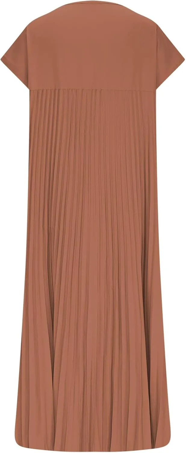 Xiaojmake Women Summer Pleated Midi Dress Plus Size Casual Cap Sleeve Crewneck Loose Flowy Swing Long Dress Hide Belly Fat