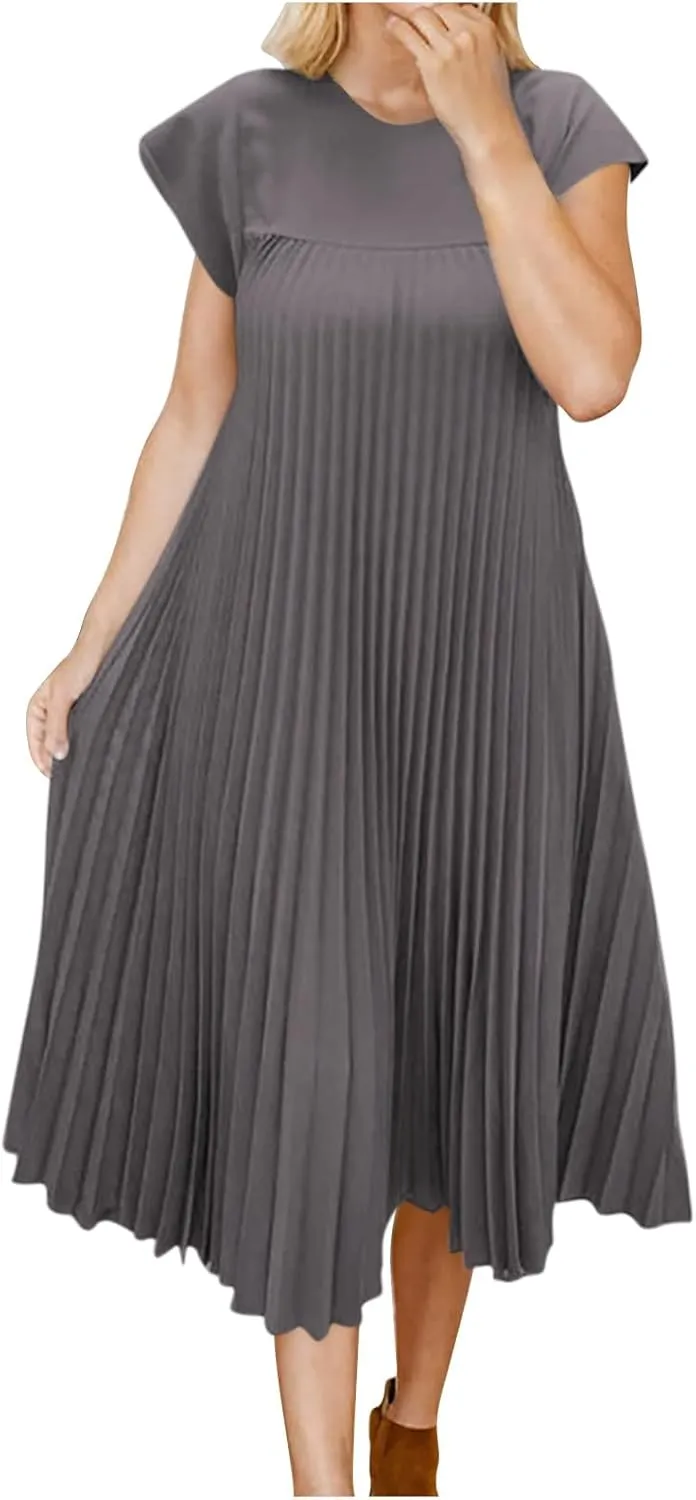 Xiaojmake Women Summer Pleated Midi Dress Plus Size Casual Cap Sleeve Crewneck Loose Flowy Swing Long Dress Hide Belly Fat