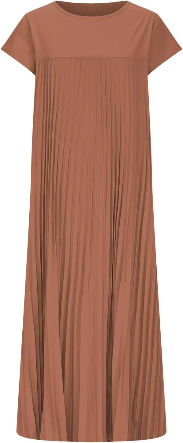 Xiaojmake Women Summer Pleated Midi Dress Plus Size Casual Cap Sleeve Crewneck Loose Flowy Swing Long Dress Hide Belly Fat