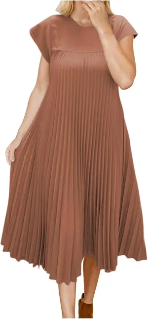 Xiaojmake Women Summer Pleated Midi Dress Plus Size Casual Cap Sleeve Crewneck Loose Flowy Swing Long Dress Hide Belly Fat