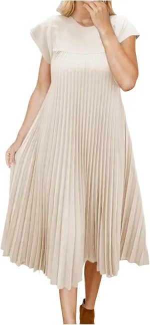Xiaojmake Women Summer Pleated Midi Dress Plus Size Casual Cap Sleeve Crewneck Loose Flowy Swing Long Dress Hide Belly Fat