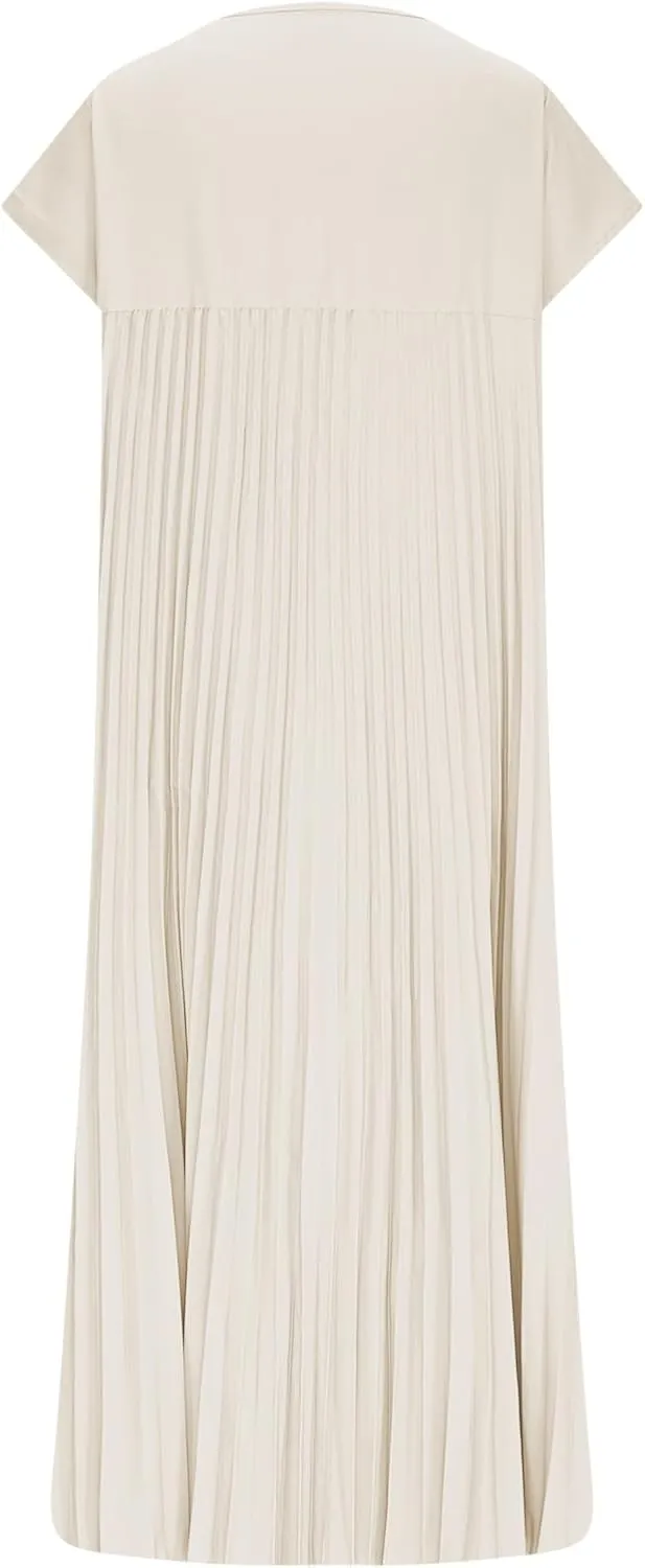 Xiaojmake Women Summer Pleated Midi Dress Plus Size Casual Cap Sleeve Crewneck Loose Flowy Swing Long Dress Hide Belly Fat