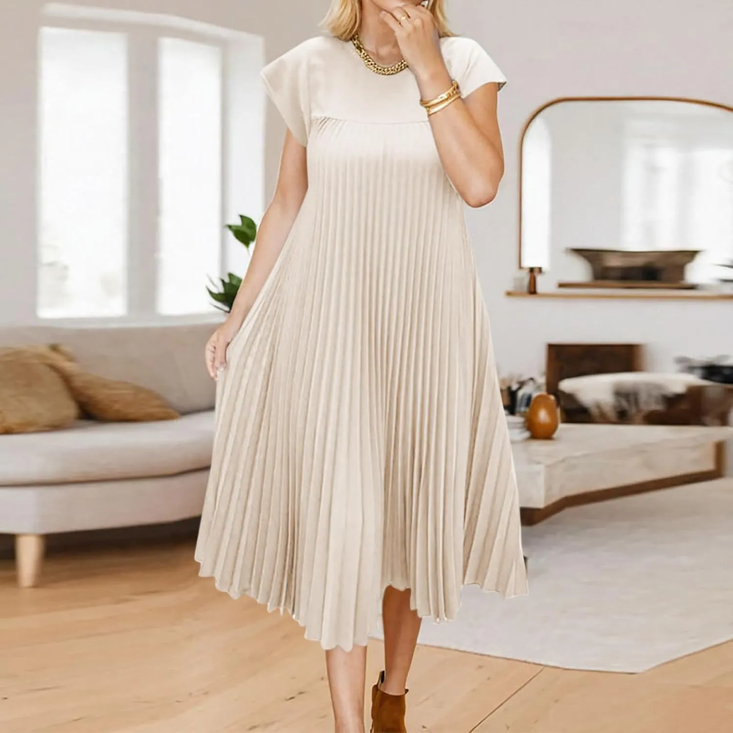 Xiaojmake Women Summer Pleated Midi Dress Plus Size Casual Cap Sleeve Crewneck Loose Flowy Swing Long Dress Hide Belly Fat