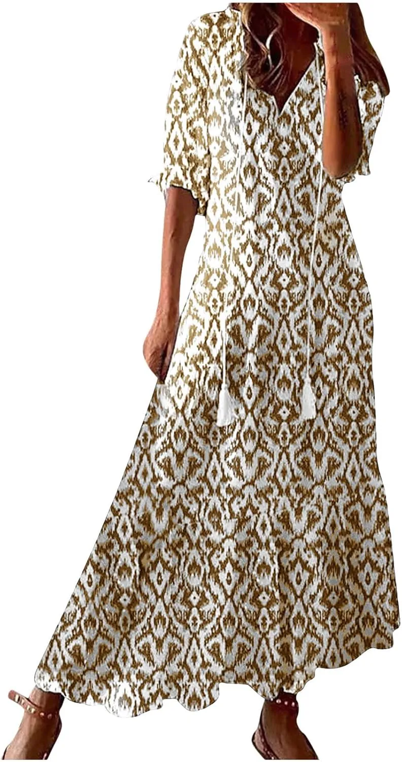 Xiaojmake Women Summer Retro Boho Dress Short Sleeve Flowy Maxi Dress Casual Ruffle Tiered Beach Vacation Holiday Long Dress