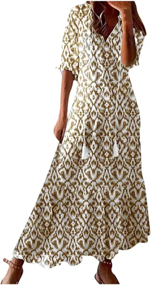 Xiaojmake Women Summer Retro Boho Dress Short Sleeve Flowy Maxi Dress Casual Ruffle Tiered Beach Vacation Holiday Long Dress
