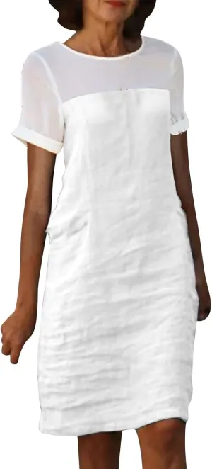 Xiaojmake Womens Loose Cotton Gauze Crew Neck Midi Dress 2025 Summer Plus Size Casual Comfy Short Tunic Dresses with Pockets