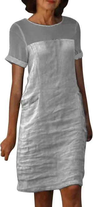 Xiaojmake Womens Loose Cotton Gauze Crew Neck Midi Dress 2025 Summer Plus Size Casual Comfy Short Tunic Dresses with Pockets
