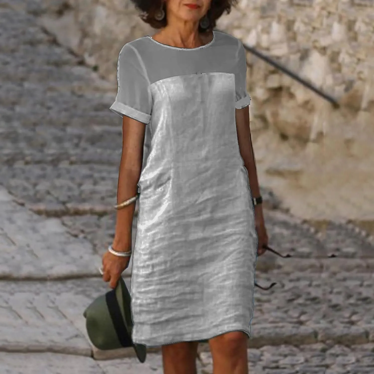 Xiaojmake Womens Loose Cotton Gauze Crew Neck Midi Dress 2025 Summer Plus Size Casual Comfy Short Tunic Dresses with Pockets