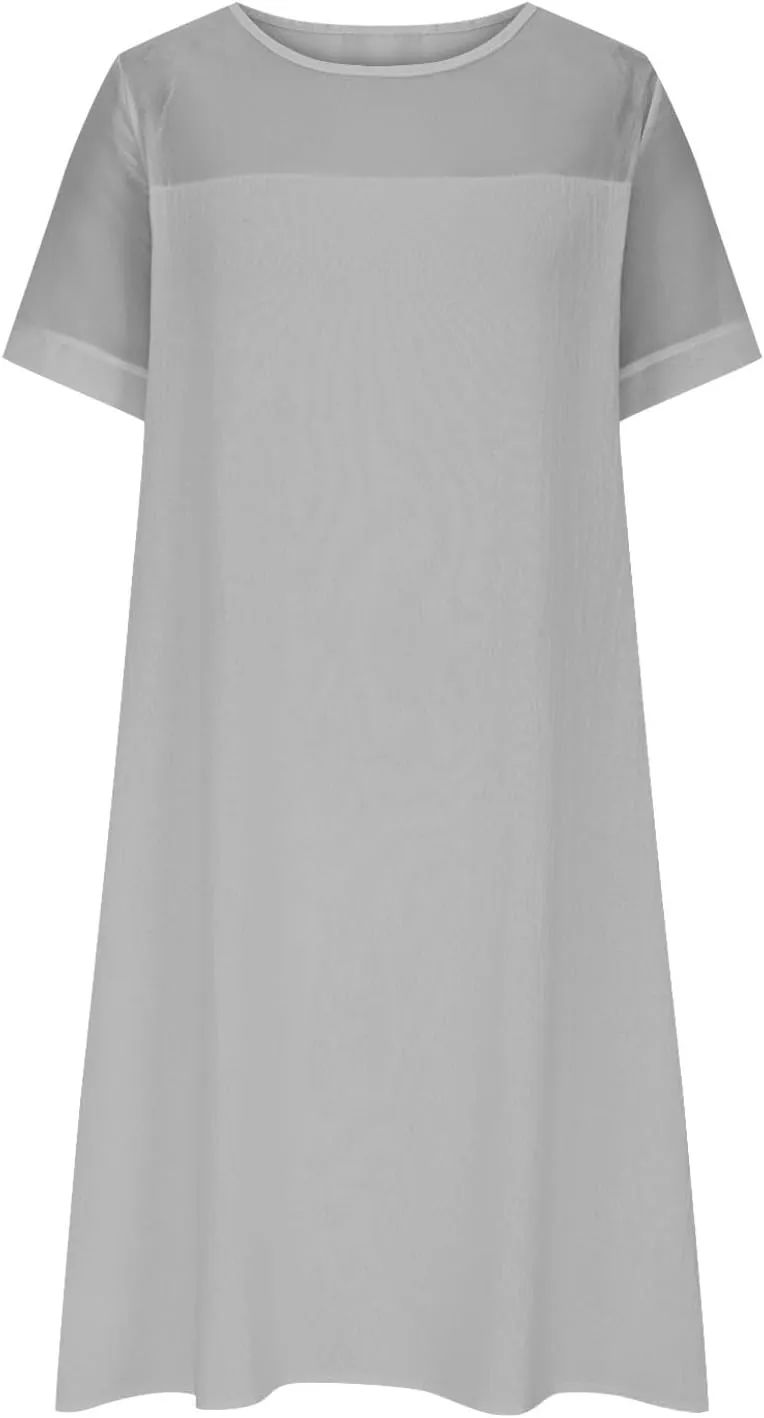 Xiaojmake Womens Loose Cotton Gauze Crew Neck Midi Dress 2025 Summer Plus Size Casual Comfy Short Tunic Dresses with Pockets
