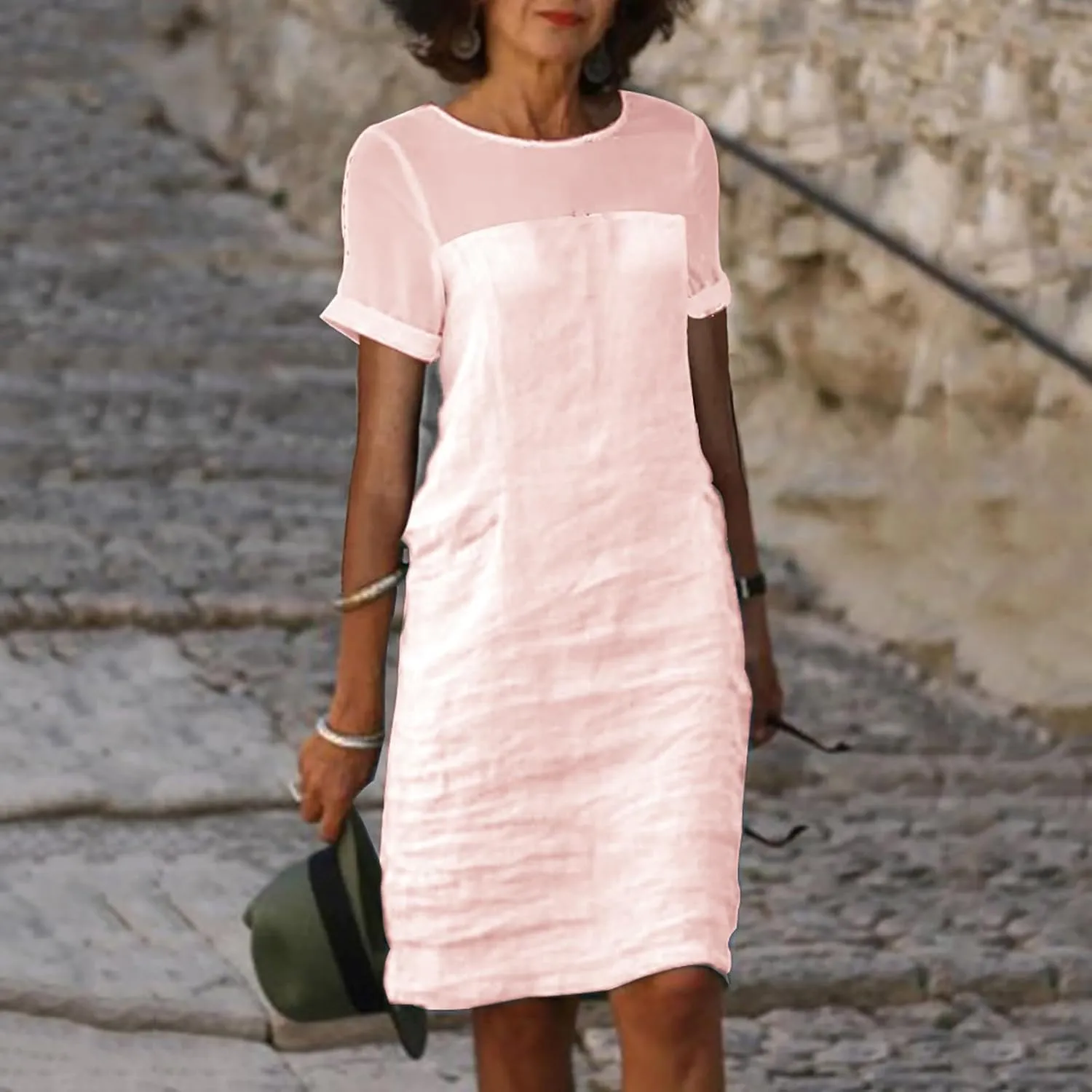 Xiaojmake Womens Loose Cotton Gauze Crew Neck Midi Dress 2025 Summer Plus Size Casual Comfy Short Tunic Dresses with Pockets