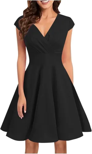 Xiaojmake Women's Summer 1950s Vintage Dress Wrap V Neck Cap Sleeve Swing Cocktail Party Dress Satin A-Line Flared Midi Dress