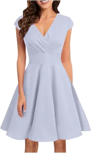 Xiaojmake Women's Summer 1950s Vintage Dress Wrap V Neck Cap Sleeve Swing Cocktail Party Dress Satin A-Line Flared Midi Dress