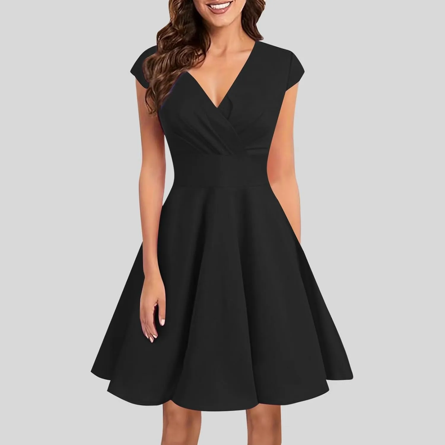 Xiaojmake Women's Summer 1950s Vintage Dress Wrap V Neck Cap Sleeve Swing Cocktail Party Dress Satin A-Line Flared Midi Dress