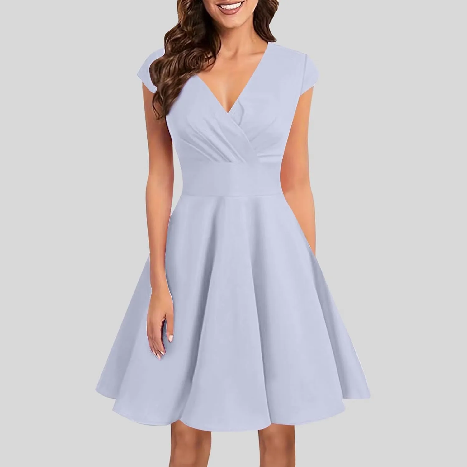 Xiaojmake Women's Summer 1950s Vintage Dress Wrap V Neck Cap Sleeve Swing Cocktail Party Dress Satin A-Line Flared Midi Dress