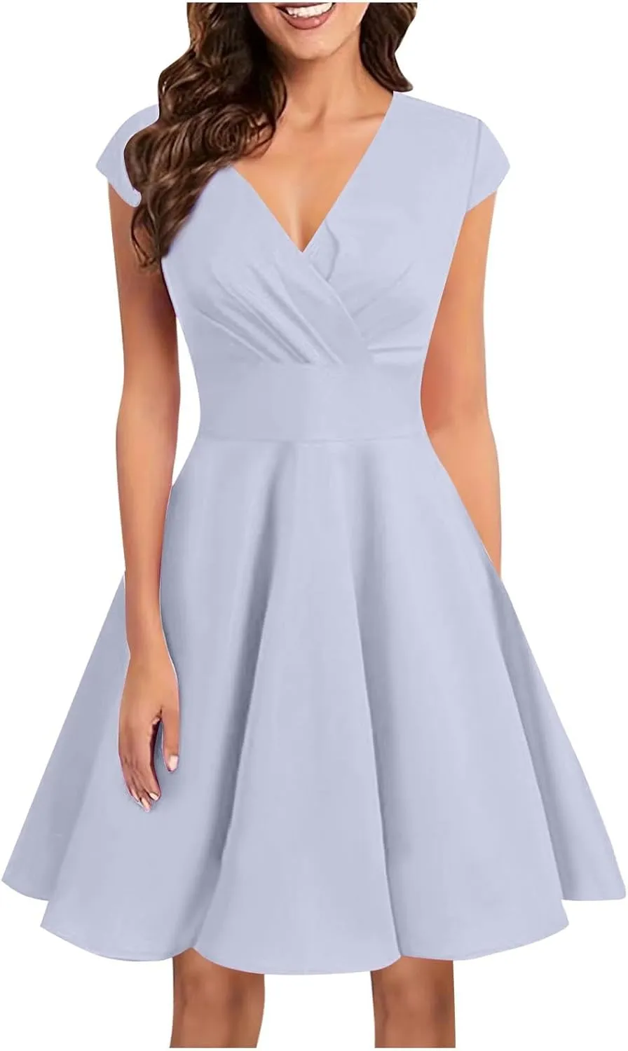 Xiaojmake Women's Summer 1950s Vintage Dress Wrap V Neck Cap Sleeve Swing Cocktail Party Dress Satin A-Line Flared Midi Dress