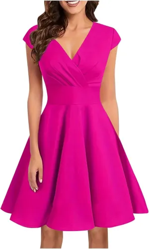 Xiaojmake Women's Summer 1950s Vintage Dress Wrap V Neck Cap Sleeve Swing Cocktail Party Dress Satin A-Line Flared Midi Dress