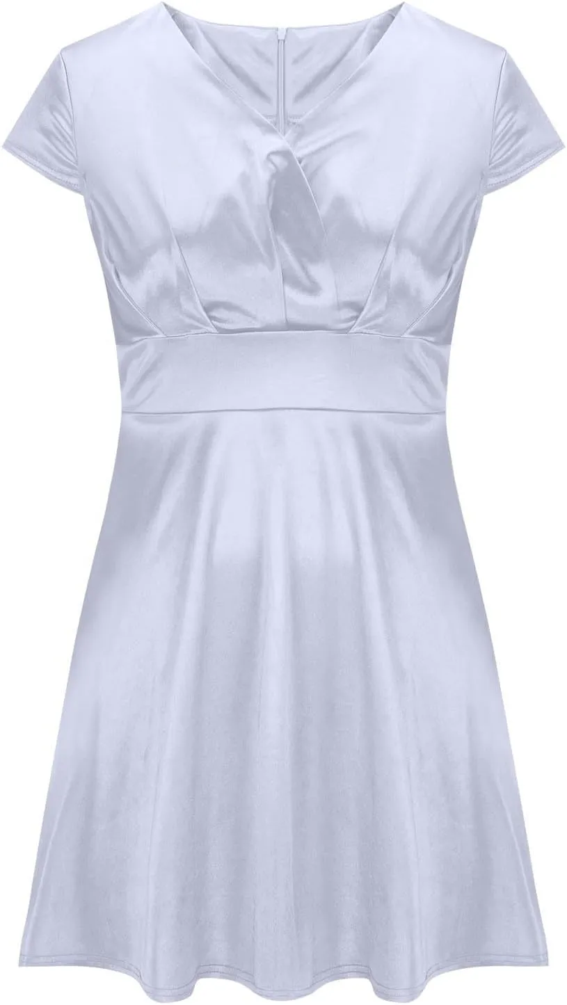Xiaojmake Women's Summer 1950s Vintage Dress Wrap V Neck Cap Sleeve Swing Cocktail Party Dress Satin A-Line Flared Midi Dress