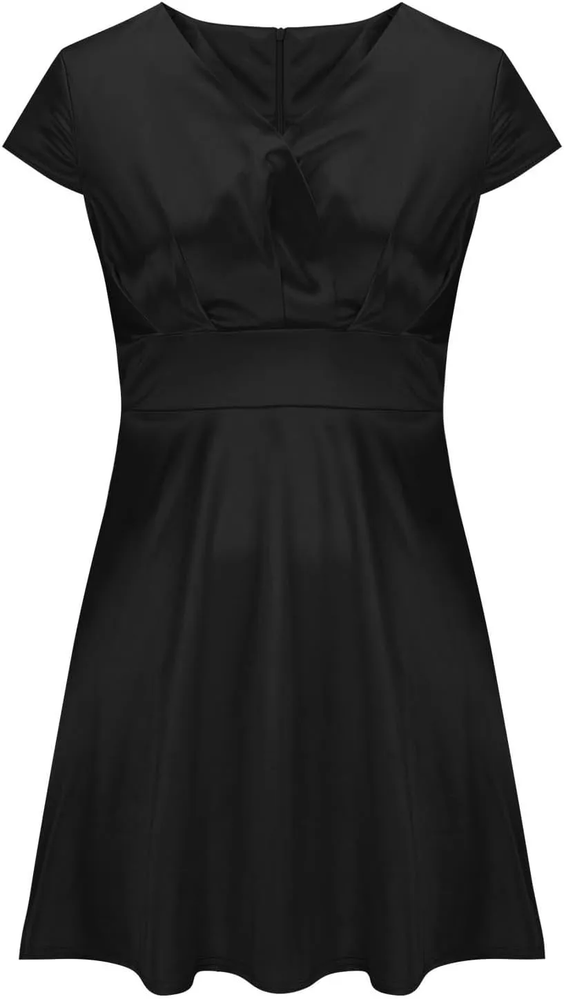 Xiaojmake Women's Summer 1950s Vintage Dress Wrap V Neck Cap Sleeve Swing Cocktail Party Dress Satin A-Line Flared Midi Dress