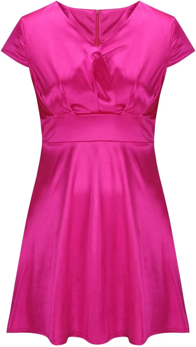 Xiaojmake Women's Summer 1950s Vintage Dress Wrap V Neck Cap Sleeve Swing Cocktail Party Dress Satin A-Line Flared Midi Dress