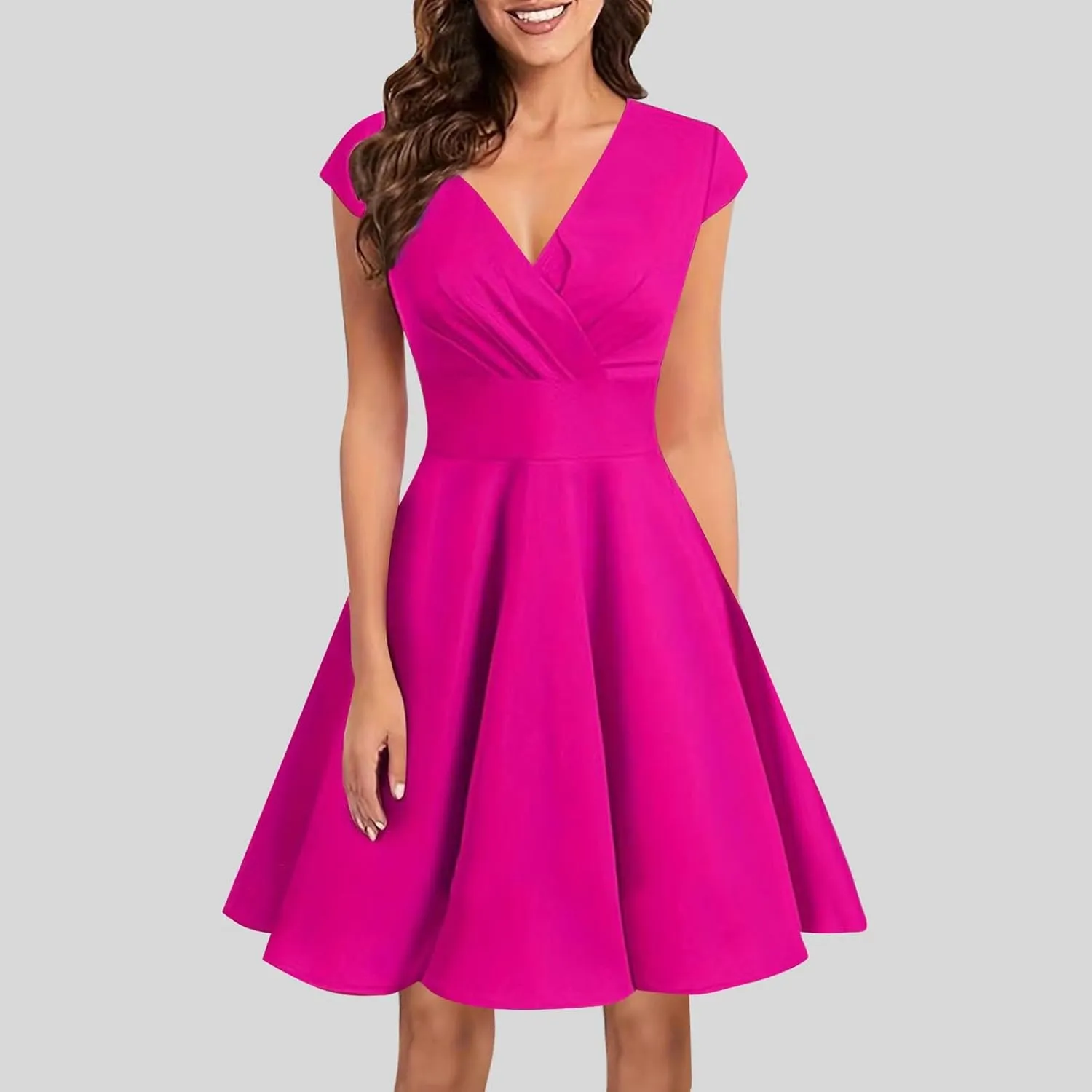 Xiaojmake Women's Summer 1950s Vintage Dress Wrap V Neck Cap Sleeve Swing Cocktail Party Dress Satin A-Line Flared Midi Dress