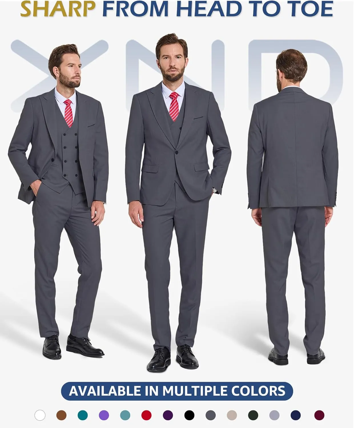 YND Men's 3 Piece Slim Fit Suit Set, One Button Peak Lapel Solid Business Blazer Jacket, Double Breasted Vest Pants and Tie