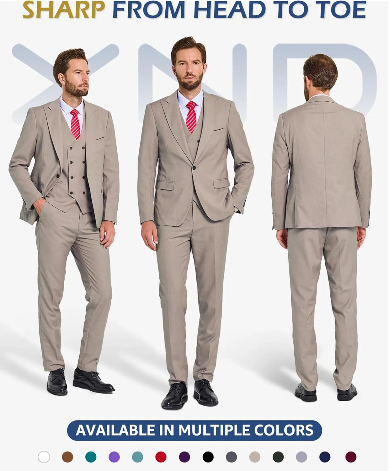YND Men's 3 Piece Slim Fit Suit Set, One Button Peak Lapel Solid Business Blazer Jacket, Double Breasted Vest Pants and Tie