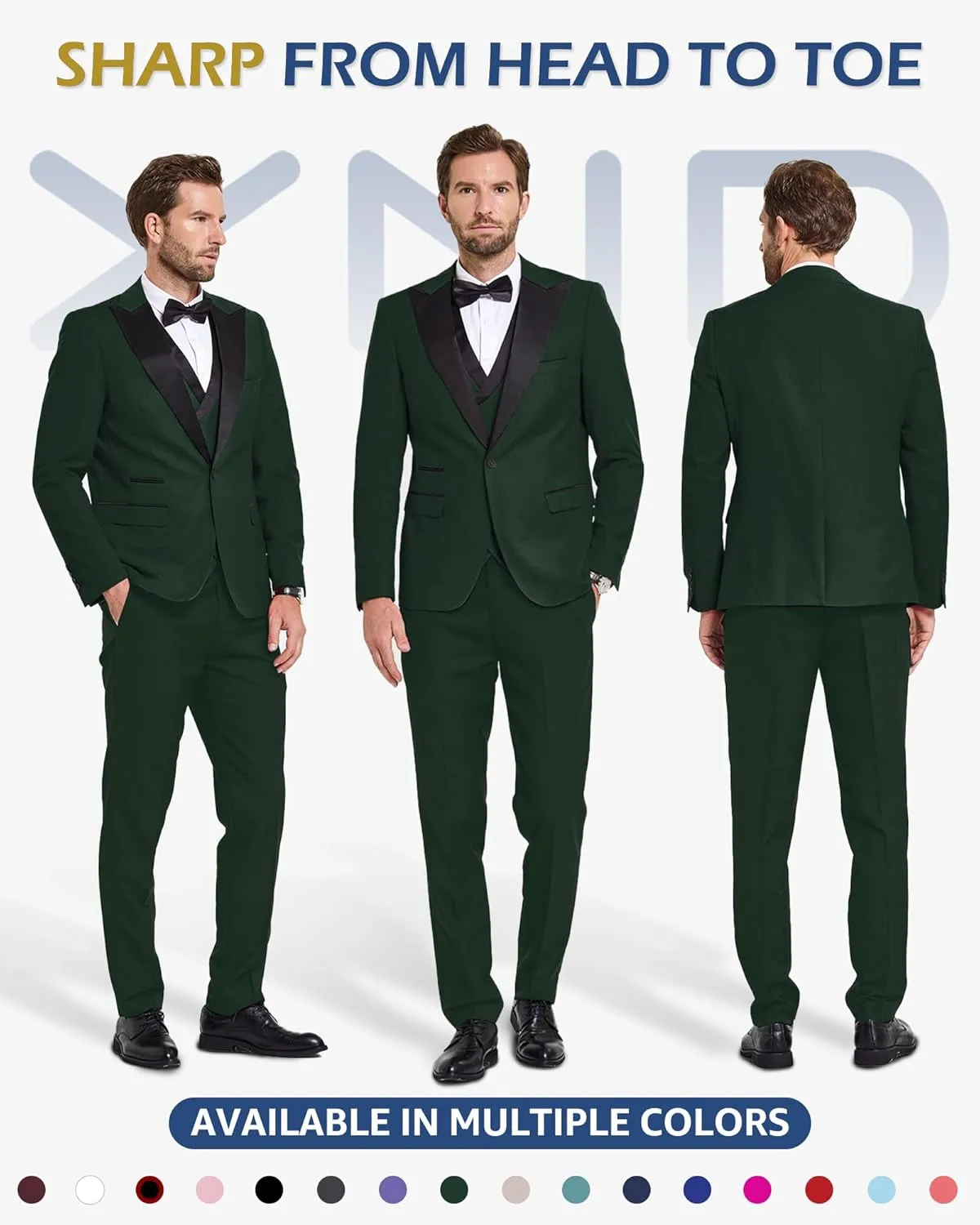 YND Men's 3 Piece Slim Fit Wedding Tuxedo Set, Peak Lapel One Button Suit Jacket, Double Breasted Vest Pants with Bow Tie